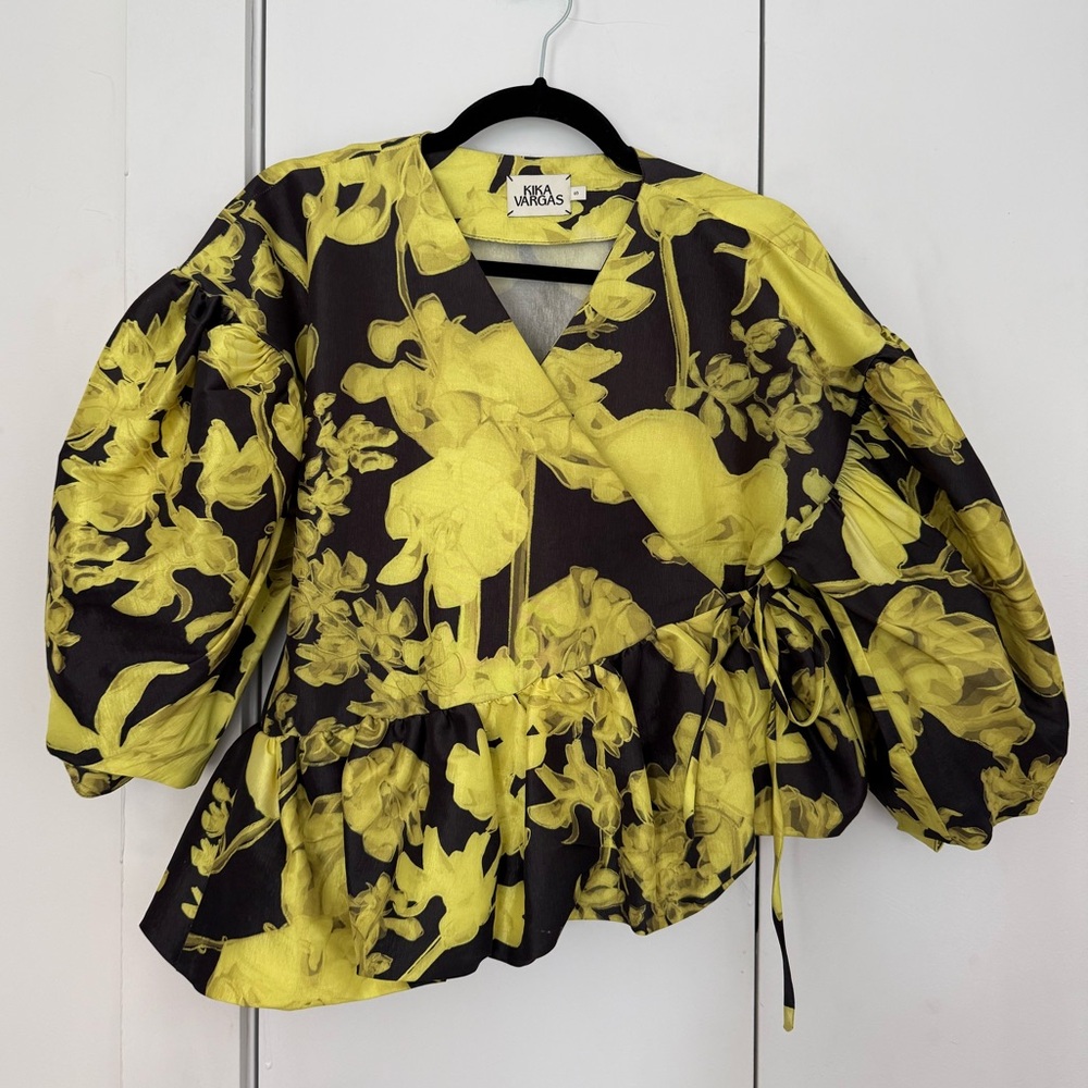 KIKA VARGAS Amanda Taffeta Wrap Top in a bold Yellow and Black Floral Print